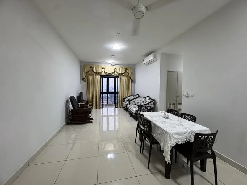 Living features: white painted walls, glossy ceramic tile flooring, ceiling fan, large window with city view, curtains, sofa set with floral pattern, dining table with white tablecloth, black dining chairs, television, air conditioning unit; style: modern; view: city.