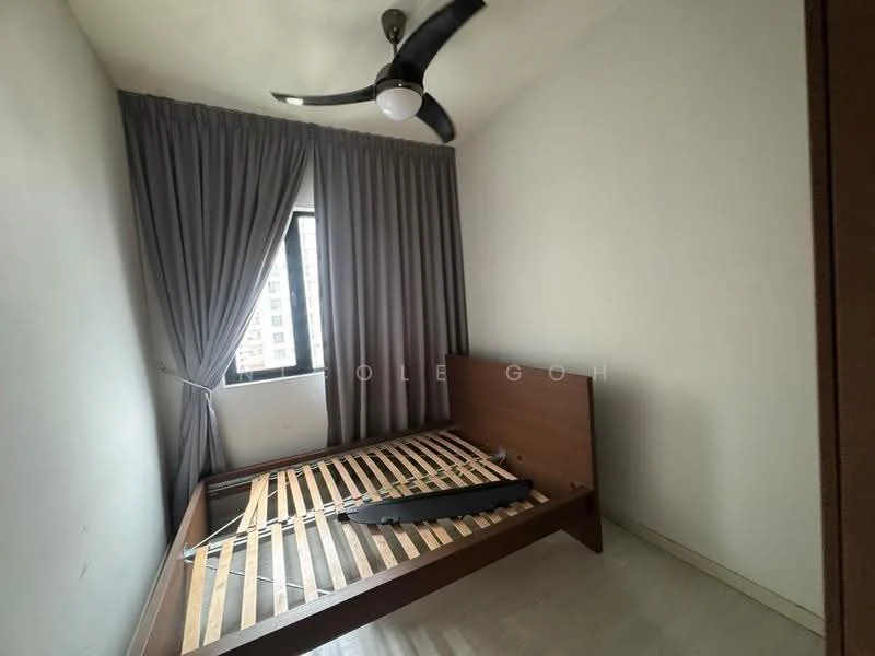Bedroom features: wooden bed frame without mattress, 5-blade ceiling fan with light, floor-to-ceiling window, grey curtains, white painted walls, light-colored flooring, built-in wardrobe; style: modern; view: city.