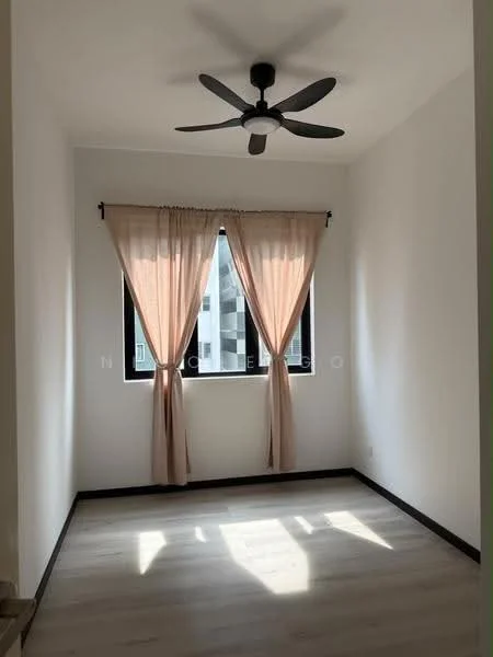 Bedroom features: light wood laminate flooring, white painted walls, black window frame, floor-to-ceiling window, sheer curtains in beige, 5-blade ceiling fan in black, natural light from window; style: modern.