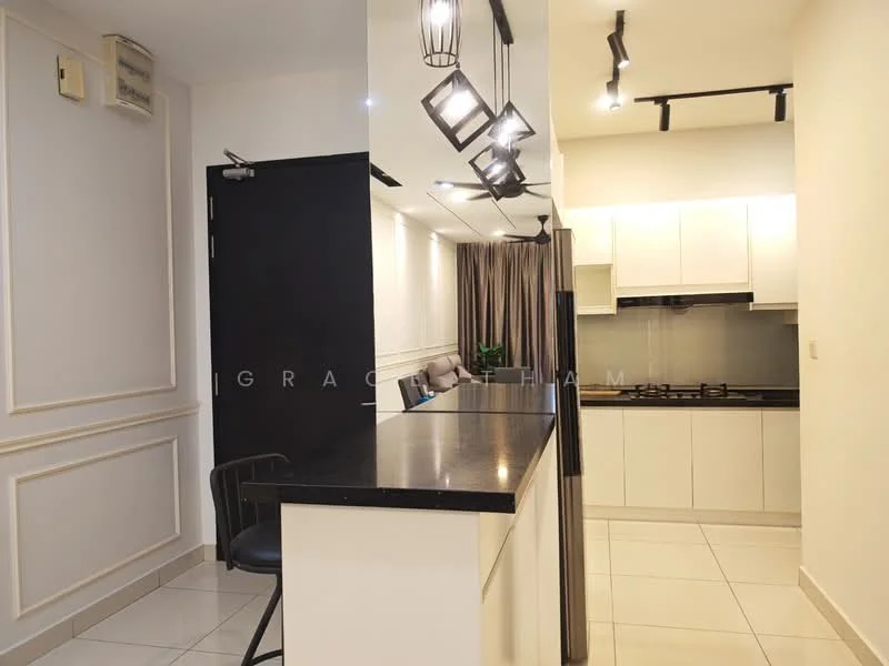 Kitchen features: black granite countertop, white cabinetry, built-in gas stove, exhaust hood, recessed LED downlights, pendant lighting, white tiled backsplash, open layout, bar seating area, cream painted walls, ceramic tile flooring; style: modern.