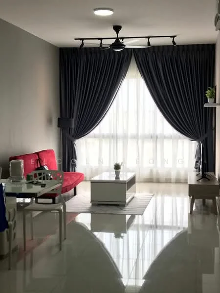 Living features: red fabric sofa, white coffee table, white dining table with chairs, floor-to-ceiling windows, sheer curtains, dark grey curtains, polished tile flooring, ceiling-mounted track lighting, decorative plant on shelf, wall-mounted shelf; style: modern.