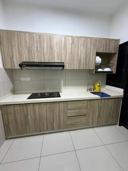 Kitchen features: laminate cabinetry in wood finish, white countertop, built-in stove with hood, single-bowl stainless-steel sink, chrome pull-down faucet, wall-mounted cabinets, open shelving, ceramic tile flooring, white tiled backsplash, kitchen towel on countertop; style: modern.