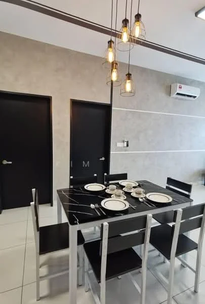 Dining features: black dining table with silver legs, 6 upholstered dining chairs, white plates and cutlery set on the table, pendant lighting with exposed bulbs, white tiled flooring, grey accent wall, 2 black doors, wall-mounted air conditioning unit; style: modern.