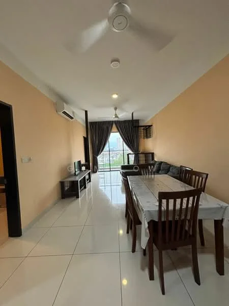 Living features: white painted walls, glossy tile flooring, 5-blade ceiling fan, wall-mounted TV, sofa in grey fabric, dining table with 6 wooden chairs, curtains in dark fabric, air conditioning unit; style: modern; view: city.
