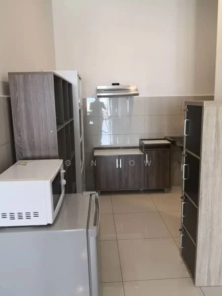 Kitchen features: grey cabinetry, white countertop, stainless-steel range hood, microwave, fridge, ceramic tile flooring, white tiled backsplash, built-in cabinets, open shelving, single-bowl stainless-steel sink; style: modern.