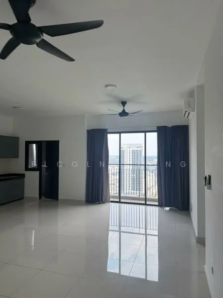 Living features: white painted walls, glossy ceramic tile flooring, 5-blade ceiling fan with light, floor-to-ceiling windows, sliding glass door, grey curtains, air conditioning unit, city view; style: modern; view: city. Kitchen features: dark cabinetry, countertop, stainless-steel sink; style: modern.