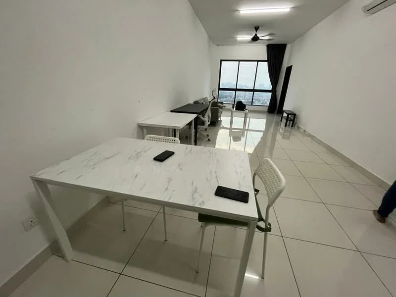 Room features: white painted walls, white ceiling, marble tile flooring, 5-blade ceiling fan, large floor-to-ceiling windows, natural light, two white tables, four white chairs, one black chair, air conditioning unit; style: modern; view: city.