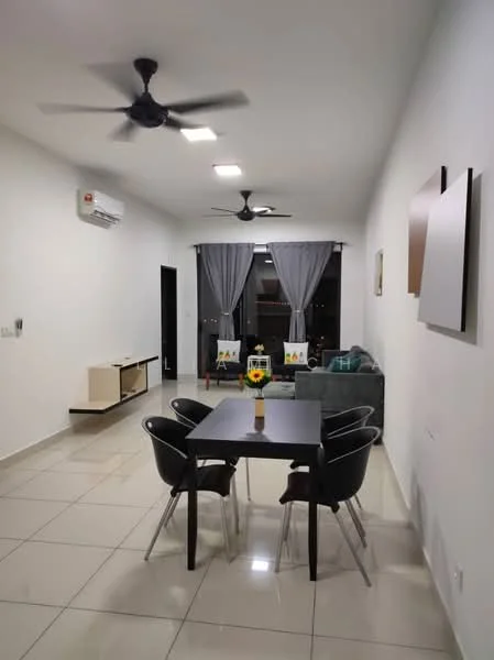 Living features: white painted walls, glossy ceramic tile flooring, 2 ceiling fans, recessed LED downlights, sofa in grey fabric, black dining table, 4 black dining chairs, TV console, curtains in grey, decorative wall art; style: modern.