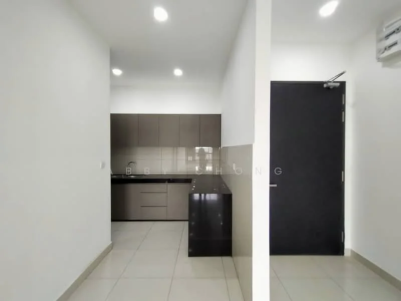 Kitchen features: white painted walls, grey cabinetry, black countertop, stainless-steel sink, chrome pull-down faucet, built-in oven, freestanding range oven, ceramic tile flooring, recessed LED downlights, wall-mounted split AC; style: modern. Room features: white painted walls, ceramic tile flooring, door leading to hallway.