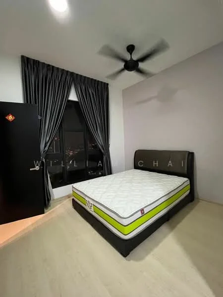 Bedroom features: queen-size bed, black upholstered headboard, white mattress with green trim, floor-to-ceiling window, black curtains, light-colored walls, light wood flooring, ceiling fan; style: modern; view: city.