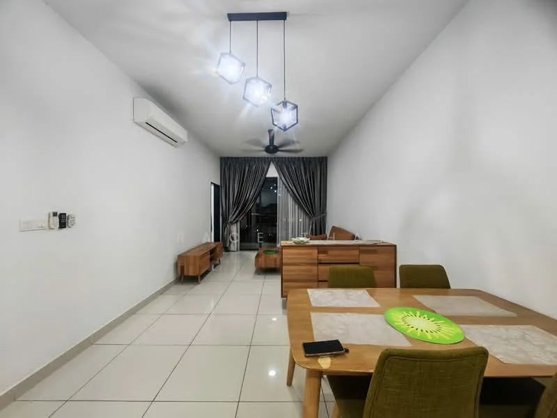 Dining features: white painted walls, glossy ceramic tile flooring, 5-blade ceiling fan with light, pendant lighting with three fixtures, dining table with beige table runner, four upholstered dining chairs in green, wooden sideboard, floor-to-ceiling window with sheer curtains, decorative wall clock; style: modern; view: city. Room features: air conditioning unit on wall, wooden furniture in background.