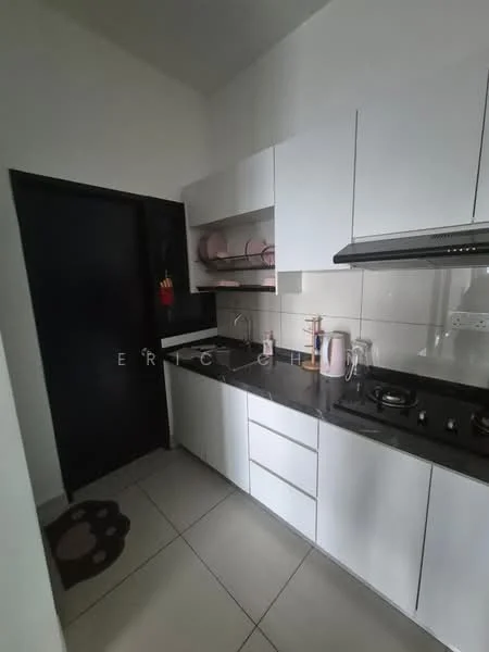 Kitchen features: white flat-panel cabinets, black granite countertop, stainless-steel gas hob, built-in oven, single-bowl stainless-steel sink, chrome pull-down faucet, white tiled backsplash, ceramic tile flooring, wall-mounted kitchen hood, open shelving, kitchen utensils holder; style: modern.