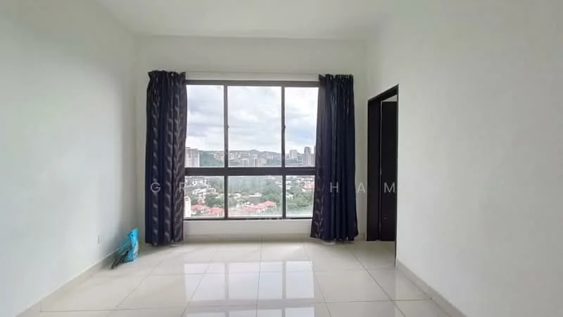 Room features: large floor-to-ceiling window, grey curtains, white painted walls, glossy ceramic tile flooring, city view, minimalist design, no visible furniture, neutral color palette; style: modern; view: city.