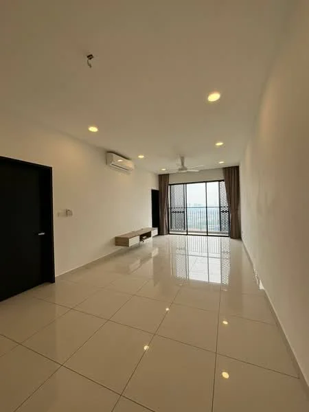 Living features: white painted walls, glossy ceramic tile flooring, 5-blade ceiling fan with light, wall-mounted split AC, floor-to-ceiling sliding glass door, curtains, TV console, recessed downlights; style: modern; view: city.