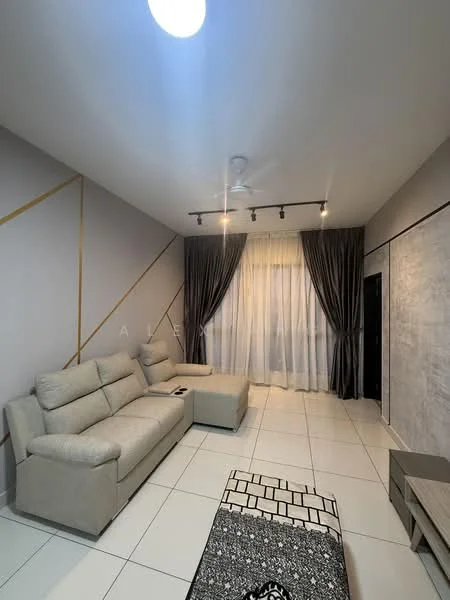 Living features: L-shape sectional sofa in light grey, coffee table with geometric pattern, white tiled flooring, grey accent wall with gold trim, recessed LED downlights, ceiling fan, floor-to-ceiling curtains in dark grey, wall-mounted TV, decorative wall paneling, neutral wall color; style: modern.