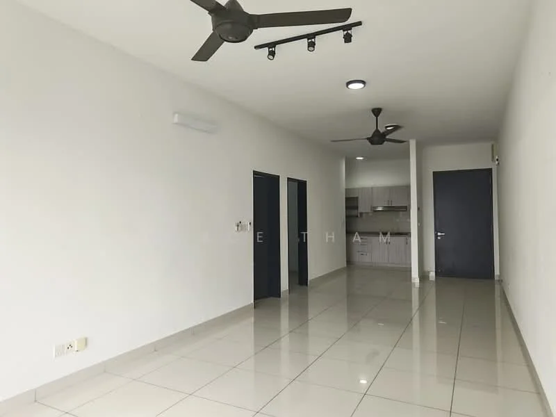 Living features: white painted walls, glossy ceramic tile flooring, 5-blade ceiling fan with light, recessed downlights, open layout, two doors leading to other rooms, kitchen area visible in the background, neutral color scheme; style: modern.