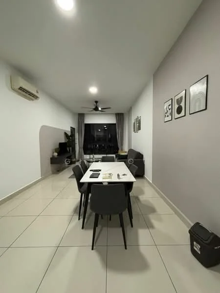 Dining features: rectangular dining table, 4 black dining chairs, white walls, grey accent wall, recessed downlights, 5-blade ceiling fan, wall-mounted TV, sofa, floor-to-ceiling windows, curtains, air conditioning unit, tile flooring; style: modern; view: city.