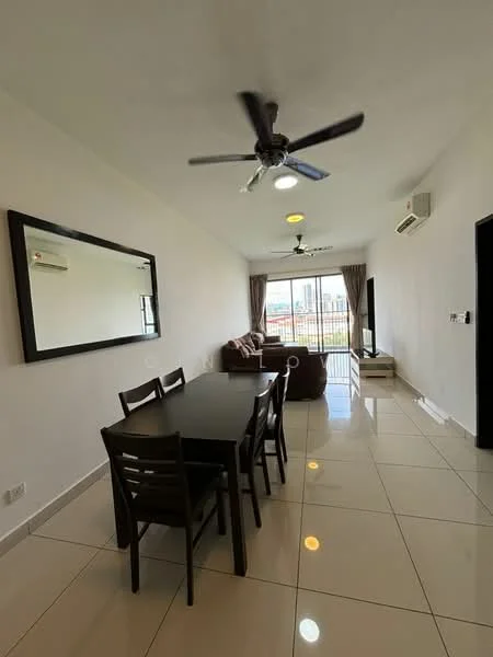 Living features: white painted walls, glossy ceramic tile flooring, 5-blade ceiling fan with light, recessed downlights, large window with sheer curtains, brown leather sofa, TV console, wall-mounted TV, mirror above dining table, dining table with 4 chairs; style: modern; view: city.