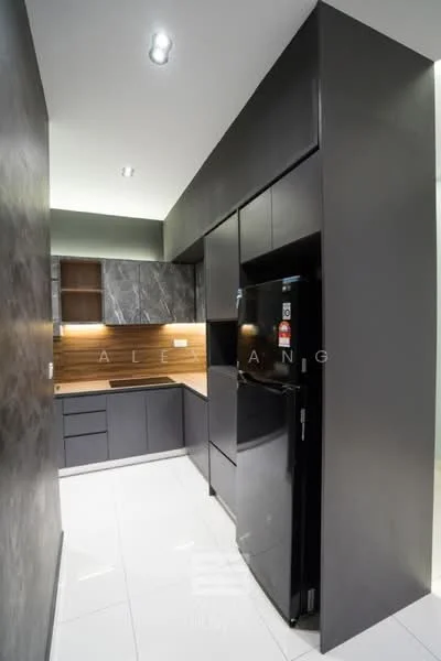 Kitchen features: black cabinetry, wooden accent cabinetry, marble backsplash, white quartz countertop, stainless-steel sink, chrome faucet, built-in oven, black refrigerator, recessed downlights, white tile flooring, grey accent wall; style: modern.
