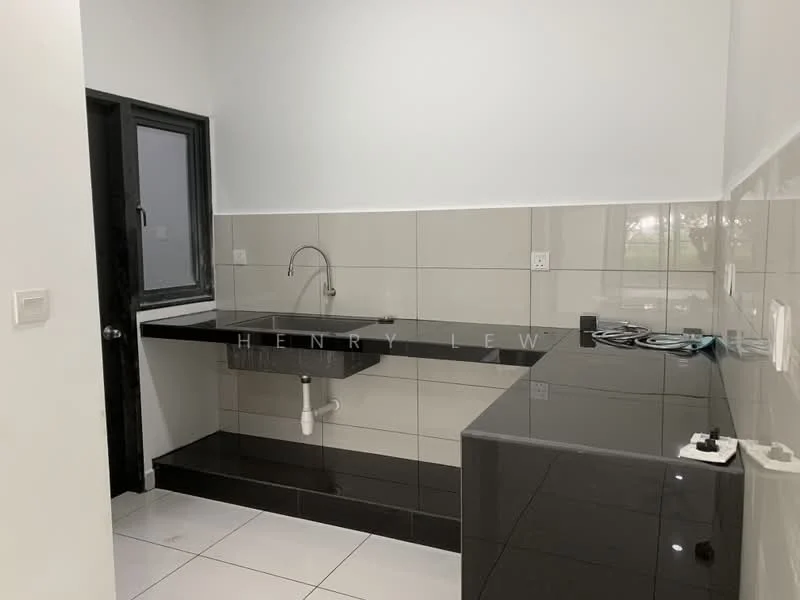 Kitchen features: black granite countertop, single-bowl stainless-steel sink, chrome pull-down faucet, white tiled backsplash, grey tiled walls, white painted walls, white floor tiles, black cabinetry, window with black frame, built-in kitchen cabinet; style: modern.