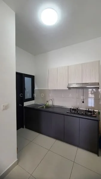 Kitchen features: white painted walls, light grey cabinetry, dark grey lower cabinets, stainless-steel sink, chrome pull-down faucet, built-in gas stove, stainless-steel range hood, ceramic tile flooring, recessed ceiling light, window with glass panel door; style: modern.
