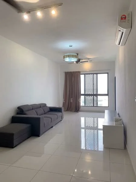 Living features: 3-seater fabric sofa in grey, L-shape sectional sofa, white walls, glossy white tile flooring, recessed downlights, 5-blade ceiling fan, large window with city view, curtains in beige, TV console in white, air conditioning unit on wall; style: modern; view: city.