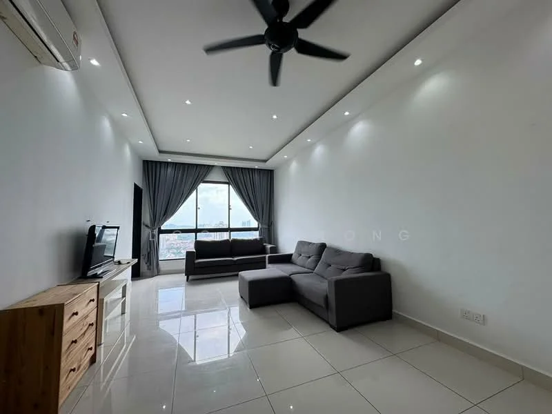 Living features: grey L-shape sectional sofa, 3-blade ceiling fan, floor-to-ceiling windows, white painted walls, recessed LED downlights, polished ceramic tile flooring, wooden TV console, TV, curtains, decorative wall art; style: modern; view: city.
