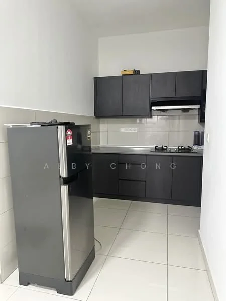 Kitchen features: grey cabinetry, stainless-steel fridge, built-in gas hob, exhaust hood, white tiled backsplash, white walls, ceramic tile flooring, countertop with storage below; style: modern.