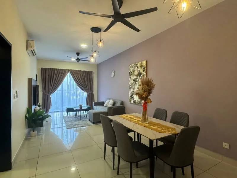 Dining features: 6-seater dining table, upholstered dining chairs, pendant lighting, decorative vase with dried flowers, table runner, wall-mounted clock, grey accent wall, large window with sheer curtains, floor-to-ceiling windows, polished tile flooring, sofa in grey fabric, area rug; style: modern; view: garden.