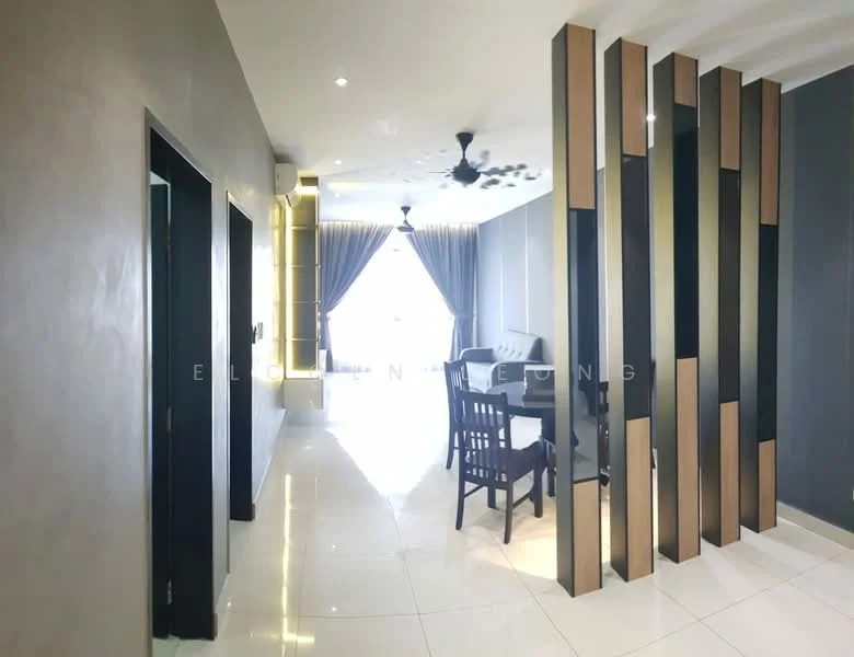 Room features: grey painted walls, white tiled flooring, 5-blade ceiling fan with light, dining table with chairs, large windows with sheer curtains, decorative wooden partition, recessed lighting, sofa, natural light from windows; style: modern; view: city.