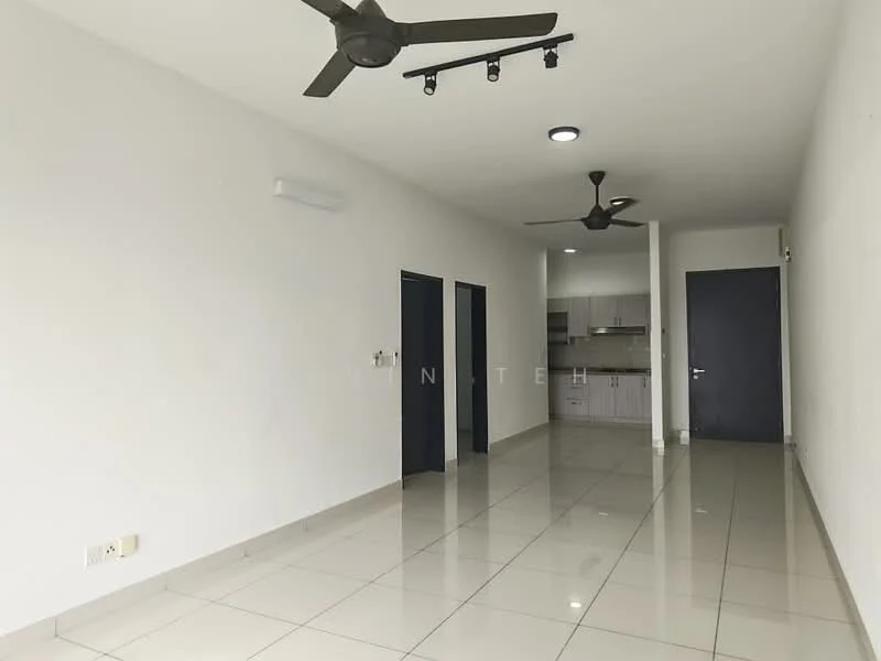Living features: white painted walls, glossy tile flooring, 5-blade ceiling fan with light, recessed downlights, open layout to kitchen, two wall-mounted air conditioning units, neutral color scheme, no visible furniture; style: modern. Kitchen features: kitchen cabinetry, countertop, open layout to living area; style: modern.
