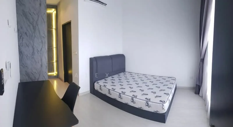 Bedroom features: queen-size bed with grey upholstered headboard, light wood flooring, white painted walls, floor-to-ceiling window with sheer curtains, black study desk, black chair, air conditioning unit on wall, decorative wall with marble pattern; style: modern.