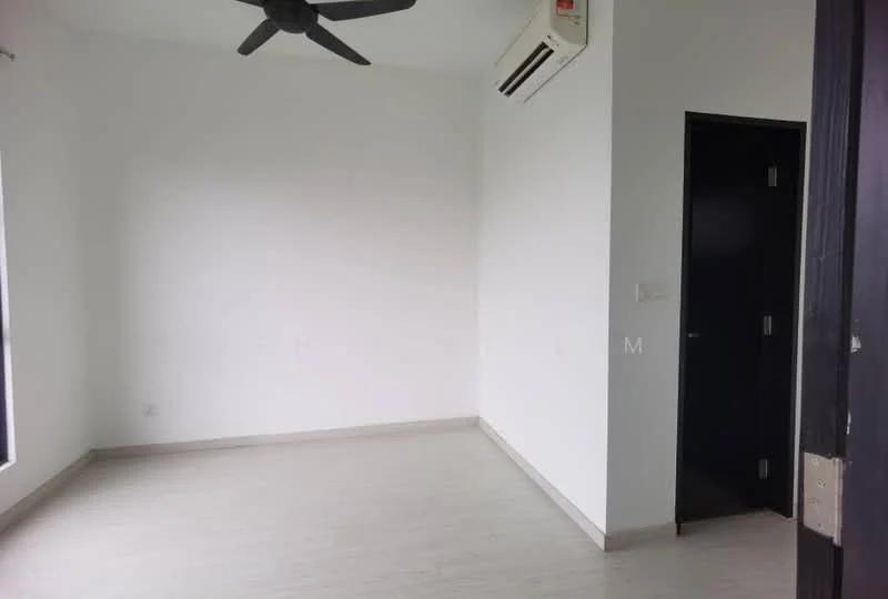 Room features: white painted walls, light-colored laminate flooring, ceiling fan, wall-mounted split AC, large window, black door, neutral decor; style: modern.
