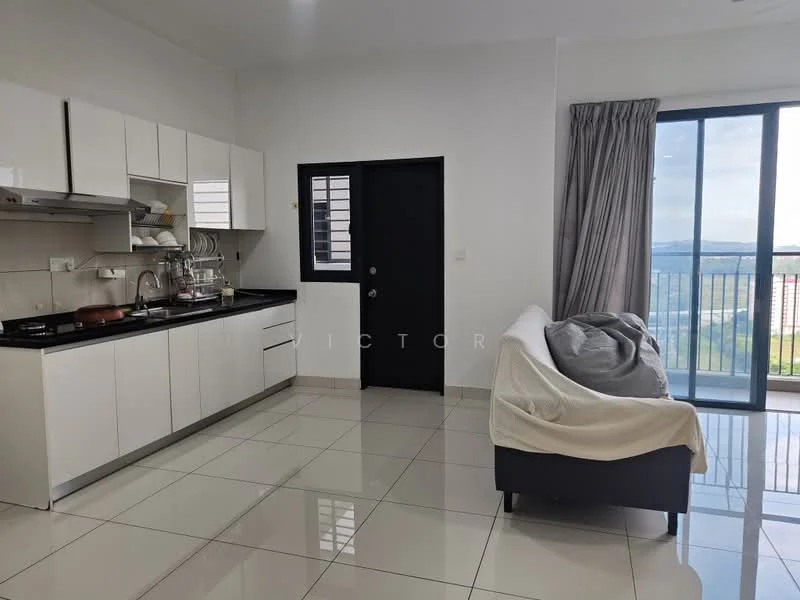 Living features: white cabinets, black countertop, stainless-steel sink, built-in stove, refrigerator, open shelving, floor-to-ceiling windows, grey curtains, white wall, polished tile flooring, sofa in light color, door to balcony, view of city skyline; style: modern; view: city.