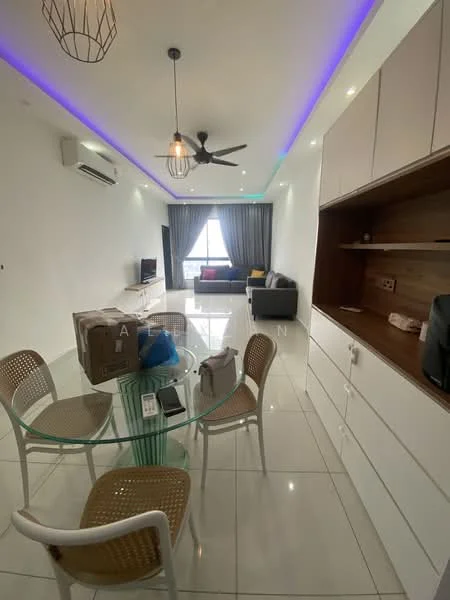 Living features: white painted walls, glossy white tile flooring, tray ceiling with LED strip lighting, 5-blade ceiling fan with light, sofa in grey fabric, glass coffee table, TV console, wall-mounted TV, curtains in grey, decorative wall shelf, air conditioning unit; style: modern; view: city. Dining features: glass dining table, 4 rattan dining chairs, decorative centerpiece, white cabinetry, wooden accent wall; style: modern.