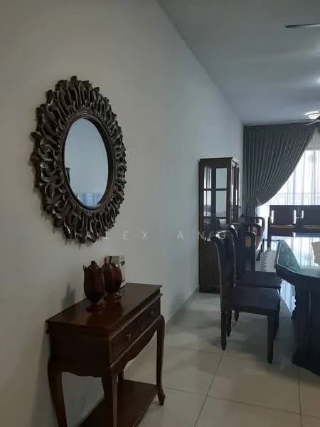 Dining features: wooden dining table, upholstered dining chairs, decorative mirror with ornate frame, sideboard with decorative items, curtains, tile flooring, recessed ceiling lights; style: traditional.