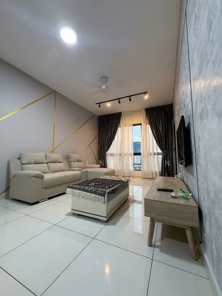 Living features: beige fabric sofa, coffee table with storage, wall-mounted TV, floor-to-ceiling windows, sheer curtains, blackout curtains, recessed downlights, ceiling fan, white tiled flooring, accent wall with grey and gold design, decorative wall paneling, area rug; style: modern; view: city.