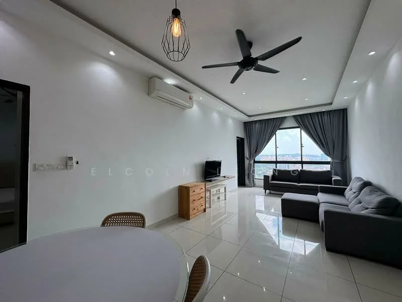 Living features: grey fabric L-shape sectional sofa, 3-seater fabric sofa in grey, white walls with recessed lighting, polished ceramic tile flooring, ceiling fan with light, wall-mounted TV, TV console in wood, large windows with sheer curtains, dining table with round top and wooden legs, decorative pendant light; style: modern; view: city.