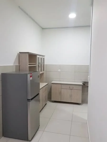 Kitchen features: stainless-steel fridge, wooden cabinetry, laminate countertop, ceramic tile flooring, white painted walls, recessed downlights, single-bowl stainless-steel sink, wall-mounted cabinet with glass doors; style: modern.