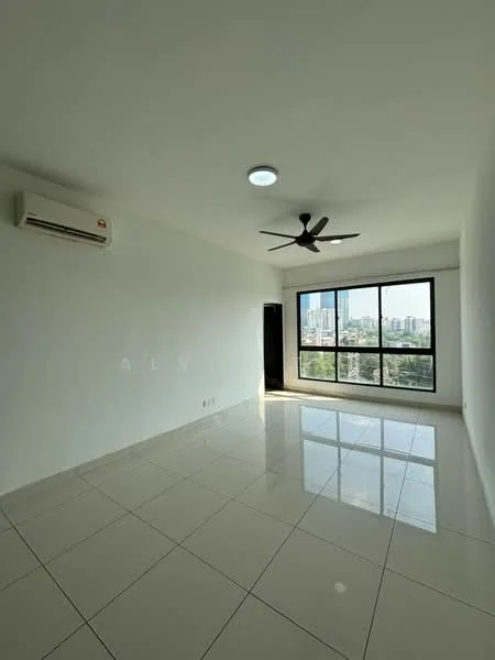 Living features: white painted walls, glossy ceramic tile flooring, 5-blade ceiling fan with light, floor-to-ceiling windows, city view, wall-mounted split AC, recessed ceiling lights; style: modern; view: city.