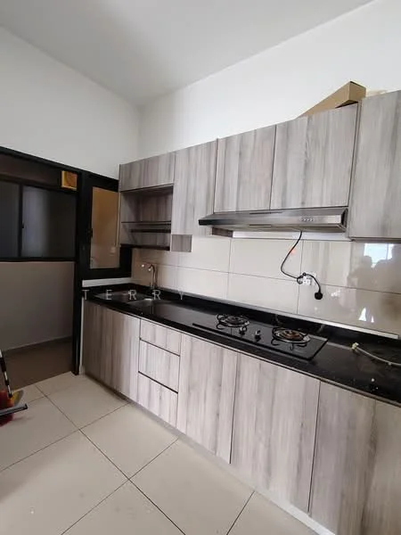Kitchen features: laminate cabinetry in light wood finish, black granite countertop, double-basin stainless-steel sink, chrome pull-down faucet, built-in gas hob with two burners, exhaust hood, white tiled backsplash, ceramic tile flooring, wall-mounted shelves, window for natural light; style: modern.