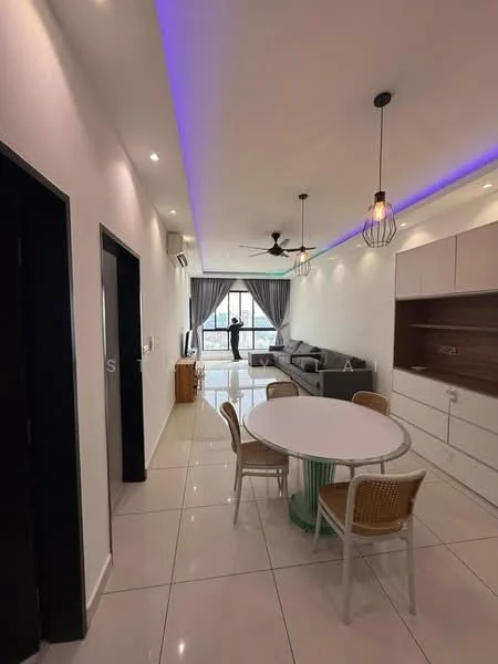 Dining features: round dining table, 4 dining chairs, white walls, recessed downlights, 5-blade ceiling fan, grey sofa, floor-to-ceiling windows, curtains, tile flooring, wall-mounted TV, wood cabinetry, accent lighting, open layout; style: modern; view: city.