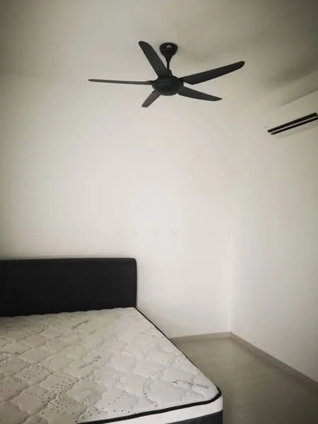Bedroom features: black upholstered bed frame, mattress on bed, white painted walls, light wood flooring, 5-blade ceiling fan in black, wall-mounted split AC; style: modern.
