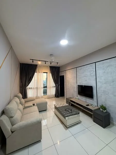 Living features: 3-seater fabric sofa in beige, coffee table with storage, TV console, wall-mounted TV, floor-to-ceiling windows, sheer curtains, recessed downlights, polished ceramic tile flooring, grey accent wall, decorative wall paneling, area rug with geometric pattern; style: modern; view: city.