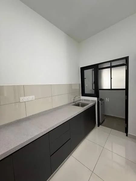 Kitchen features: grey countertop, black cabinetry, stainless-steel sink, single-bowl sink, chrome faucet, white tiled backsplash, white walls, tile flooring, window with black frame, refrigerator, built-in cabinets; style: modern.