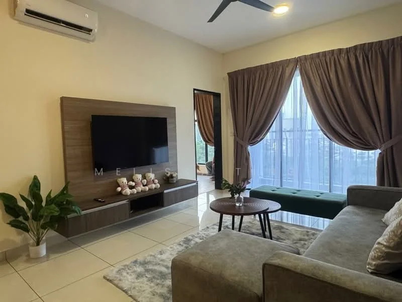 Living features: grey fabric sectional sofa, round coffee table, wall-mounted TV, wooden TV console, decorative plants, cream area rug, floor-to-ceiling windows, sheer curtains, dark brown curtains, ceiling fan with light, air conditioning unit; style: modern; view: city.