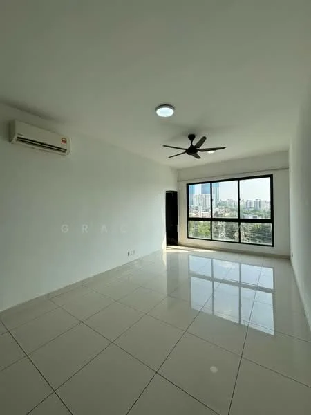 Living features: white painted walls, glossy ceramic tile flooring, 5-blade ceiling fan, recessed ceiling light, floor-to-ceiling windows, city skyline view, wall-mounted split AC; style: modern; view: city.