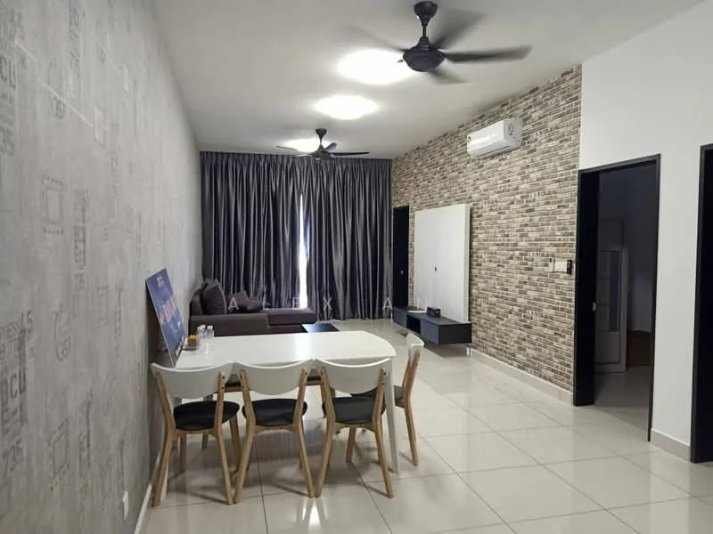 Living features: grey accent wall, white painted walls, polished ceramic tile flooring, 5-blade ceiling fan with light, 2-seater fabric sofa in dark brown, dining table for 6 with wooden legs, black TV console, wall-mounted TV, floor-to-ceiling curtains, air conditioning unit, decorative wall paneling, area rug; style: modern.