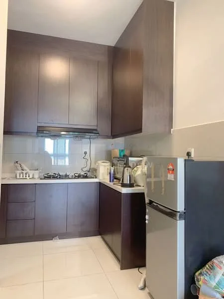 Kitchen features: dark wood cabinetry, white countertop, stainless-steel fridge, built-in gas stove with 4 burners, kitchen hood, ceramic tile flooring, white backsplash, kettle, blender, microwave, sink, dishwasher, open shelving; style: modern.