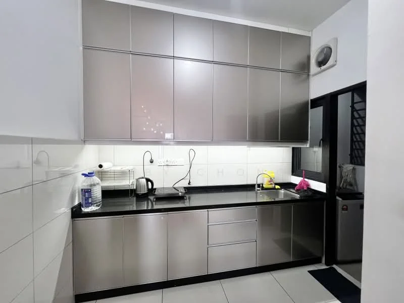Kitchen features: stainless-steel cabinetry, black granite countertop, single-bowl stainless-steel sink, chrome pull-down faucet, built-in oven, freestanding fridge, white tiled walls, ceramic tile flooring, under-cabinet lighting, kettle, water dispenser, dish soap dispenser, wall-mounted air conditioning unit; style: modern.